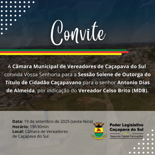 Câmara realiza amanhã sessão solene para conceder título de Cidadão Caçapavano a Antônio Dias